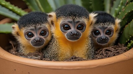 Obraz premium Adorable Saimiri sciureus babies huddled together in a flowerpot, captivating animal portraits