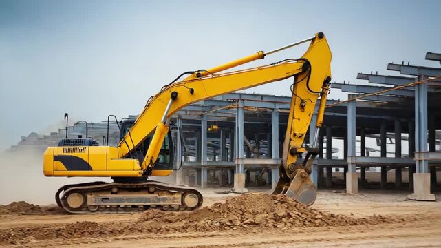 Gelber Bagger auf Baustelle vor Stahlkonstruktion