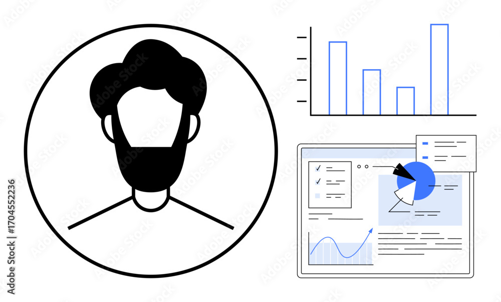 Poster user profile alongside bar graph, pie chart, and analytics interface displaying data insights. ideal