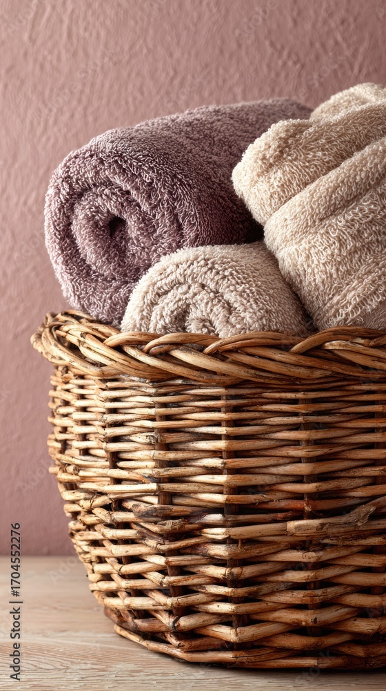 Poster soft rolled towels in a woven basket against a textured background in a calming indoor setting