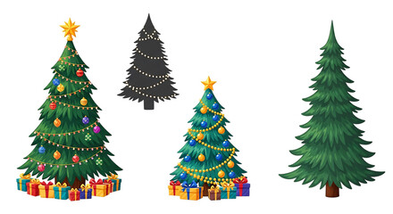 Decorated and plain Christmas trees with gifts decorated Christmas tree