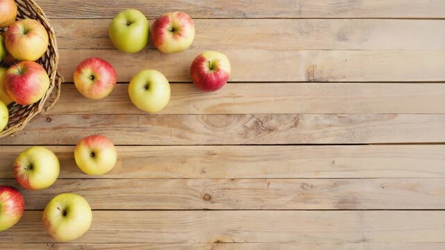 Rote und gr&uuml;ne &Auml;pfel im Korb und auf Holztisch verteilt
