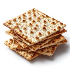 Fototapeta premium A stack of crisp, thin, square matzah crackers, subtly textured, light brown, slightly overlapping, isolated on white