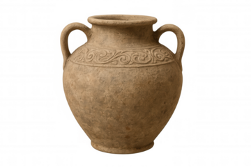 Clay amphora with handles and decorations, isolated on transparent background, representing ancient pottery and craftsmanship