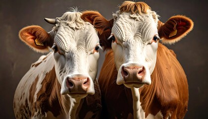 Two cows stand side-by-side, facing the viewer directly. One is mostly brown, the other white and brown. The background is blurry