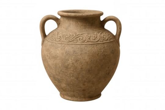 Clay amphora with handles and decorations, isolated on transparent background, representing ancient pottery and craftsmanship