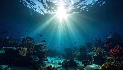 Underwater coral reef, sunbeams