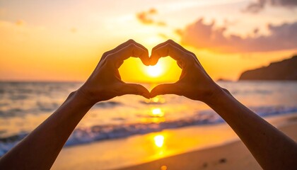 Two hands form a heart shape around a bright sunset over a sandy beach and calm water