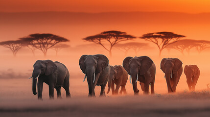Herd of elephants walking across savanna at golden hour, dust rising, acacia trees silhouetted against horizon