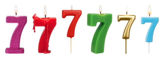 Number seven birthday candle set including various colors, lit, unlit, and melted stages isolated. Celebratory party supplies.