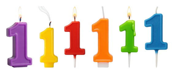 Number one candle set including lit, unlit, and extinguished in various colors isolated. Birthday celebration and anniversary decoration.