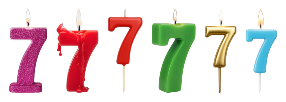 Number seven birthday candle set including various colors, lit, unlit, and melted stages isolated. Celebratory party supplies. - Powered by Adobe