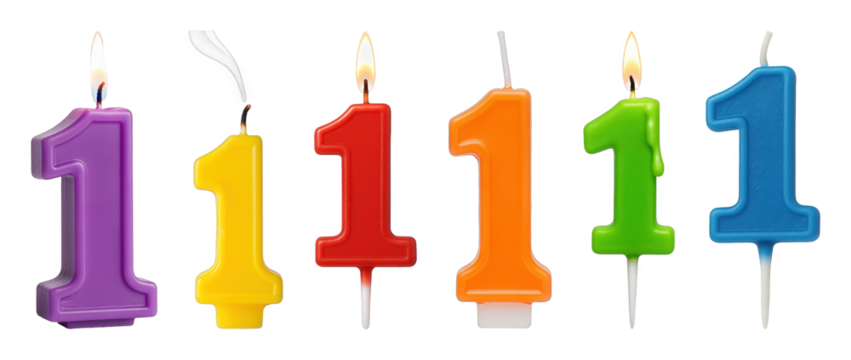 Number one candle set including lit, unlit, and extinguished in various colors isolated. Birthday celebration and anniversary decoration.