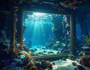 Underwater coral reef view through ornate frame