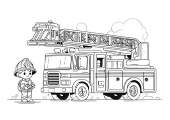 Firefighter standing next to a fire truck with a ladder on top coloring page