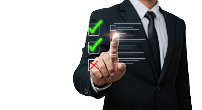 Businessperson in Black Suit Interacting with a Transparent Checklist Interface on a Black Background: A Conceptual Image for Project Management
