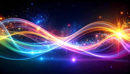 Vibrant abstract image featuring flowing, colorful light trails against a dark space backdrop, with sparkling particles