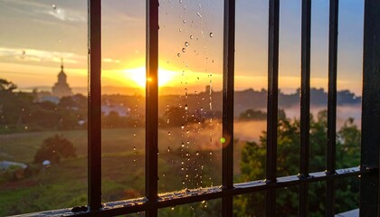 Vibrant sunrise view through a barred window. Mist hangs over the distant buildings, with droplets on the foreground