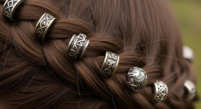 Close-up of a braided hairstyle adorned with intricate silver Viking-inspired hair beads.