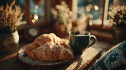 Cozy breakfast scene near window, croissants, coffee steam, warm golden sunlight, homely relaxed vibe