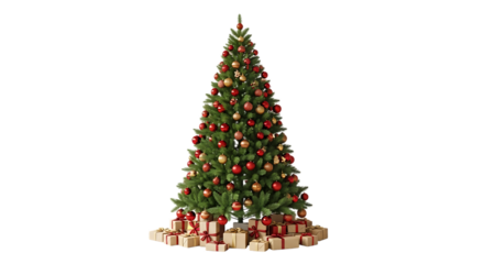 Green Christmas Tree with Red and Gold Ornaments decorated