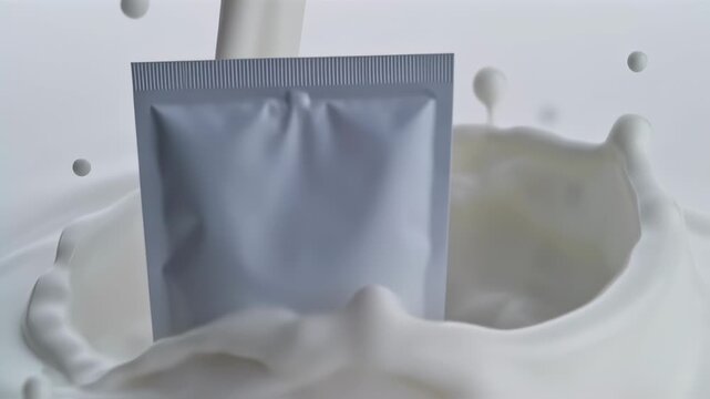 delicious milk poured into white surface, creating a splash and ripple effect, blank product packaging for branding concept, nutritional dairy drink