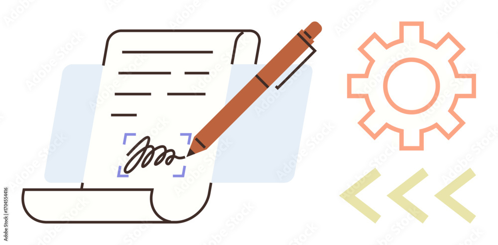 Aufkleber pen signing a digital document, settings gear, and coding arrows. ideal for contracts, e-signature, 