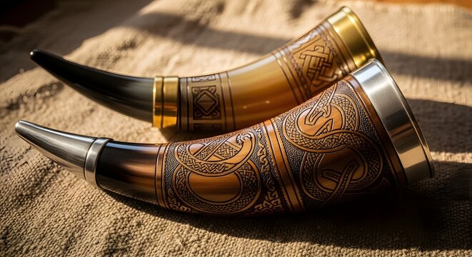 Two ornate drinking horns with metal rims and intricate carvings on a textured surface.