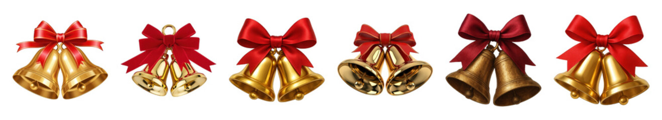 Golden Christmas bell set including various styles adorned with red bows isolated. Festive holiday decoration collection.