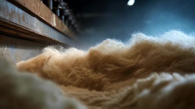Closeup medium shot of organic pulp being prepared for sustainable paper production focusing on natural fibers with soft focus on equipment.