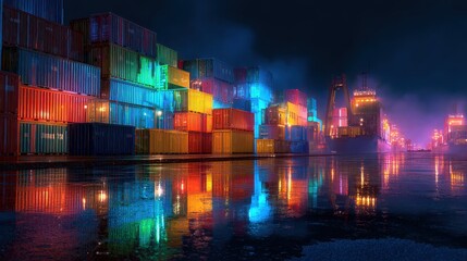 Fototapeta premium Night port scene, glowing lights reflecting on containers, 3D illustration. 