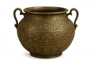 Vintage bronze pot featuring ornate golden floral detailing, two-handled vessel with elegant historical design against transparent backdrop