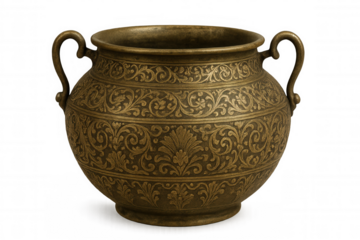 Vintage bronze pot featuring ornate golden floral detailing, two-handled vessel with elegant historical design against transparent backdrop