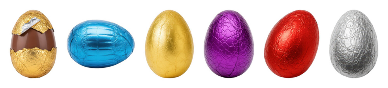 Chocolate Easter egg set including partially unwrapped, gold, blue, purple, red, and silver foil wrapped eggs isolated. Holiday treat and confectionery collection.
