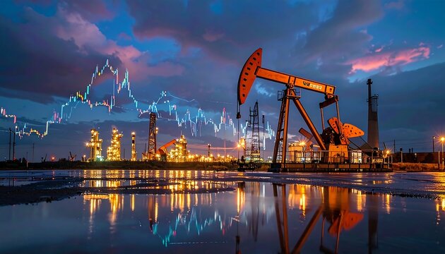Oil pumpjack illuminated at dusk with refinery in background, overlaid with a financial graph reflecting market trends - Powered by Adobe