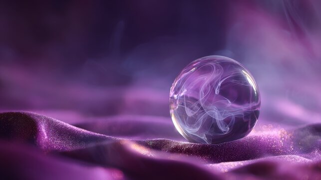Crystal ball on velvet cloth with swirling mist inside. Ethereal purple lighting