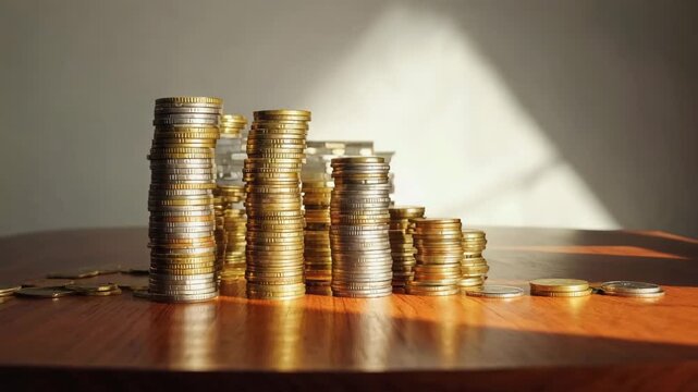 Gestapelte Gold- und Silberm&uuml;nzen auf Holztisch im Licht
