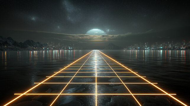 Immersive Appeal: glowing neon grid floor leading into infinite digital horizon, VR aesthetics, reflective surfaces