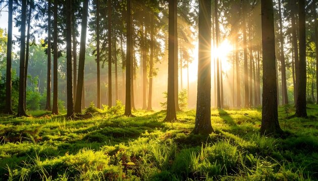 Sunlight streams through a dense forest (1)
