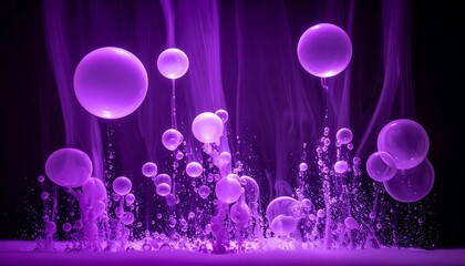 Purple orbs ascend from water-like forms, ethereal smoke rises, all against black. A surreal, abstract, and vibrant composition