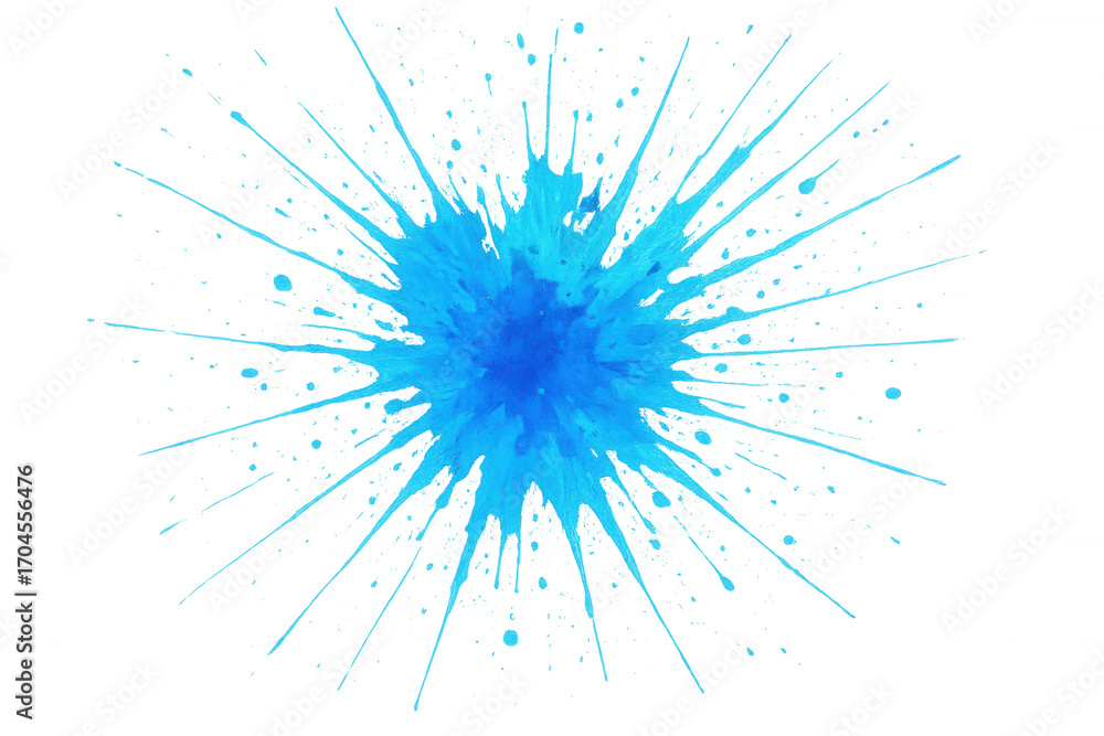 Poster vibrant blue paint splattering outwards, creating a dynamic and colorful explosion effect on a trans