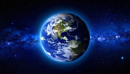 Obraz premium Rendered globe of Earth, illuminated, set against a backdrop of a star-filled night sky, showcasing continents