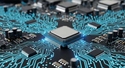 Abstract chip circuit board background. Technology connected blue lines with electronics elements on tech bg. Computer motherboard with a chip, processor, and semiconductor.