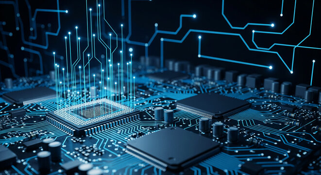 Abstract chip circuit board background. Technology connected blue lines with electronics elements on tech bg. Computer motherboard with a chip, processor, and semiconductor.