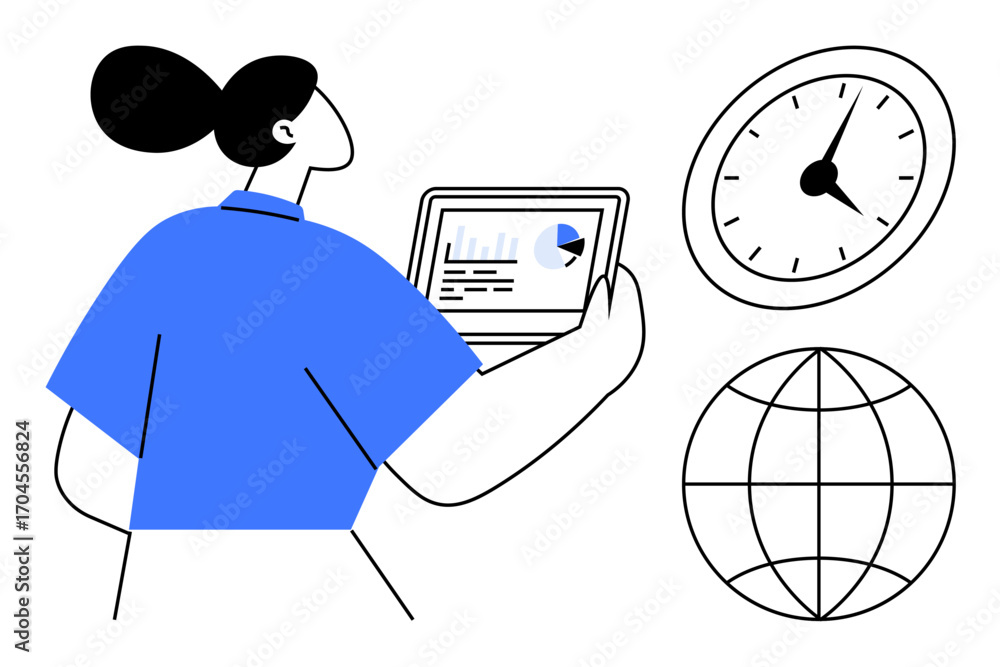 Aufkleber woman reviewing data on tablet with graph, next to clock and globe. ideal for analytics, time manage