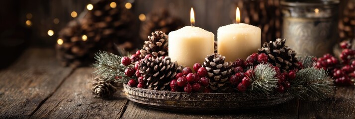 Christmas holiday still life with white burning candles, pine cones, red winter berries and evergreen fir tree branches on wooden table. Wide panoramic shot