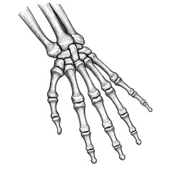 Detailed Skeletal Hand Illustration on Transparent Background, Monochrome Anatomy Drawing, High-Resolution Medical Graphic for Print, Web, and