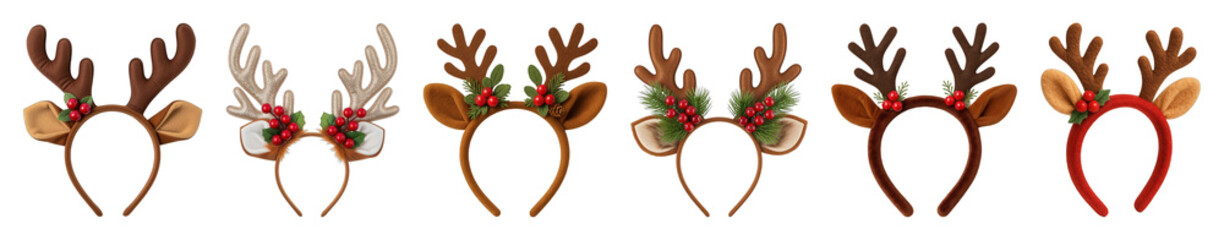 Festive reindeer antler headband set including felt, glitter, holly, berries, and pine cone designs isolated. Christmas party and costume accessories.