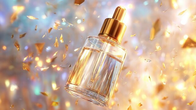 Golden Essence - Floating Perfume Bottle Amidst Sparkling Confetti.