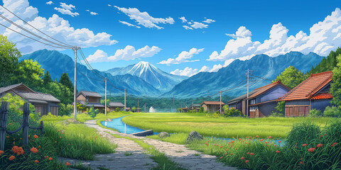 手描きタッチで表現された日本の田舎風景イラスト、坂道に続く電柱と家屋、川や山々を奥に望む構図、俯瞰視点で描かれることでアニメの背景美術のようなノスタルジックさが漂うアートワーク